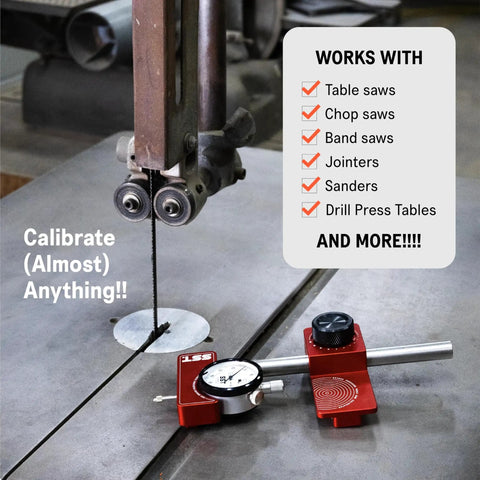 Pro Grade Saw Gauge Calibrator For Precision Blade, Fence, And Jig Alignment With A Half Inch Dial Indicator Built Tough From 6061 Aluminum And Hard Anodized For Lasting Durability In The Shop on a band saw table
