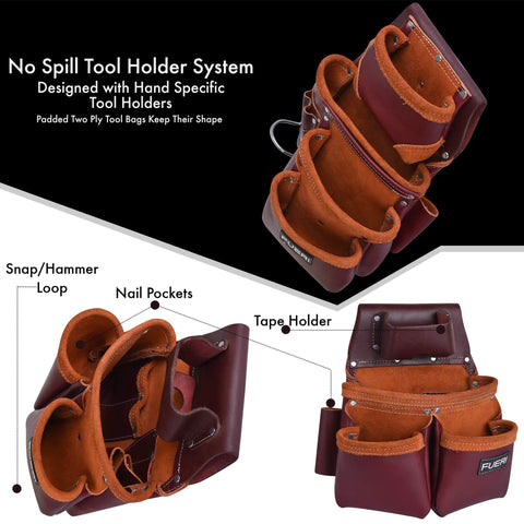 Leather Tool Belt For Men Heavy Duty Work Belt With 19 Pockets And 2 Pouches Double Hammer Holder detailed view showing pouches
