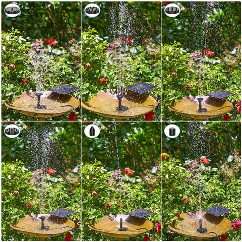 DIY Solar Water Pump Kit For Outdoor Water Features With Six Nozzles in a bird bath fountain showcasing varied water patterns.