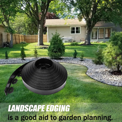 2.5 Inch Tall Black Landscape Edging Kit With 100 Ft Roll shown in garden setting with lawn and trees