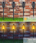 Mini Solar Torch Lights With Flickering Flame Upgraded 12 LED Outdoor Waterproof Tiki Torches showing day and night effect