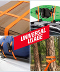 Built Tough As Nails Heavy Duty Ratchet Straps Packing 2000 Lb Break Strength Sized At One Inch By Thirteen Feet securing various items.