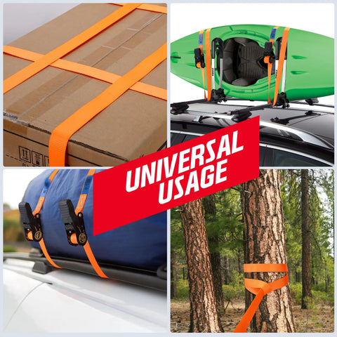 Built Tough As Nails Heavy Duty Ratchet Straps Packing 2000 Lb Break Strength Sized At One Inch By Thirteen Feet securing various items.