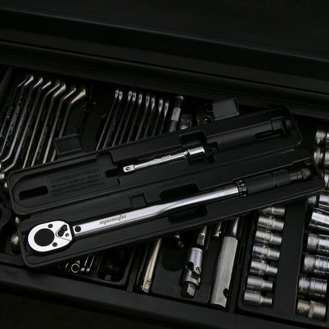 Half Inch Drive Click Torque Wrench Pro Grade With Ten To One Hundred Fifty Foot Pounds Range in open storage case in toolbox