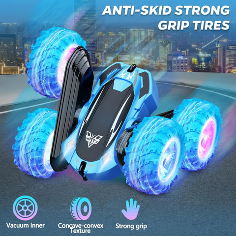 Blue High Speed 2.4GHz Remote Control Stunt Car Beast Mode with glowing wheels and city backdrop