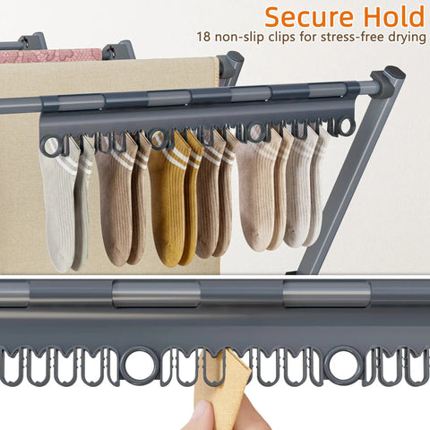 Close-up of Heavy Duty Indoor Clothes Drying Rack With Twelve Solid Horizontal Rods And Tight Grip Sock Clips holding socks with non-slip clips.