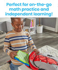 Child placing Division Practice Board With Self-Checking Dials For Kids into a red backpack for on-the-go math practice.