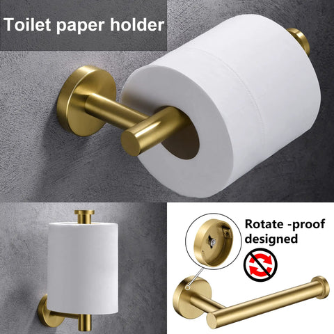 Gold Toilet Paper Holder And Towel Ring Set, SUS304 stainless steel, hand brushed finish, wall-mount hardware shown