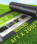 Heavy Duty 4 Foot By 300 Foot Weed Barrier Landscape Fabric 3.2 Oz Woven Geotextile Ground Cover roll displayed on grass