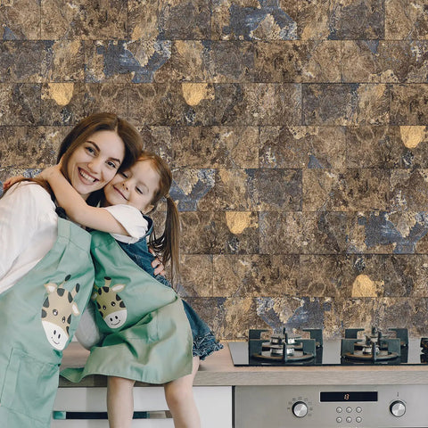Mother and child in front of 32 Piece Peel And Stick Subway Tile Backsplash Kit For Kitchen And Bath 3 By 6 Inches Rust Slate Color