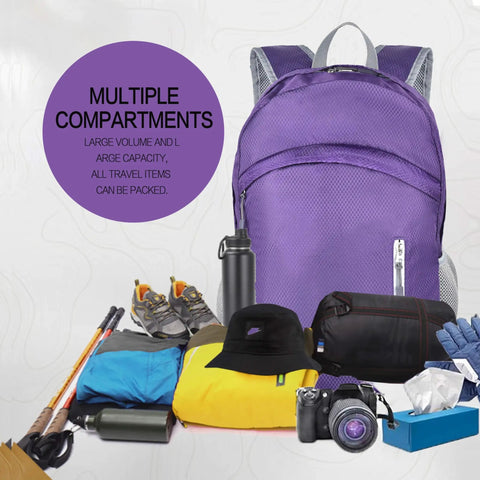 Foldable Daypack 35L Lightweight Outdoor Backpack For Beach Trips And Travel, Dry Storage, displaying pockets and packed gear.