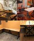 Beefy Black Metal Legs 28x24 Heavy Duty Industrial for coffee tables shown indoors and outdoors on wooden surfaces.