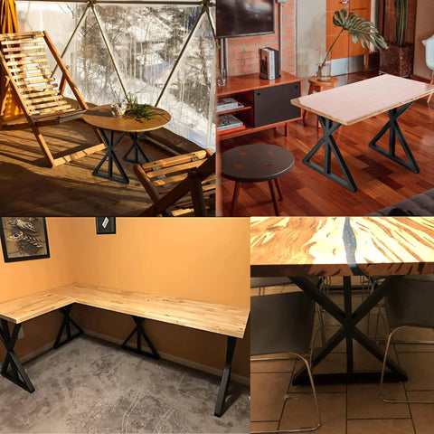 Beefy Black Metal Legs 28x24 Heavy Duty Industrial for coffee tables shown indoors and outdoors on wooden surfaces.