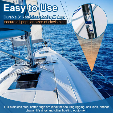 Sailboat on ocean with close-up of 66 Piece Stainless Steel Cotter Ring Kit In 5 Sizes With 316 Grade Pins For Clevis And Hitch Pins