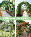 Four lush garden arch trellises covered in climbing plants in a backyard setting, enhancing garden entrances and pathways.