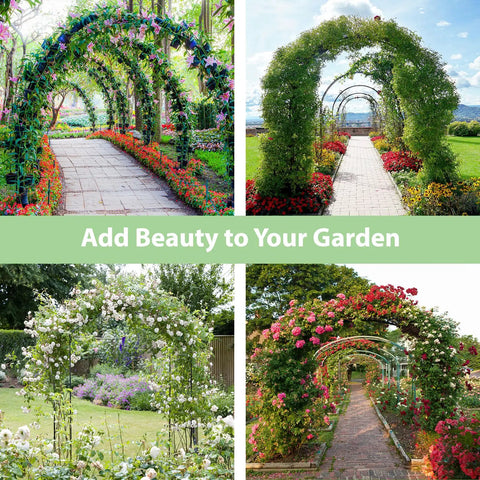 Four lush garden arch trellises covered in climbing plants in a backyard setting, enhancing garden entrances and pathways.
