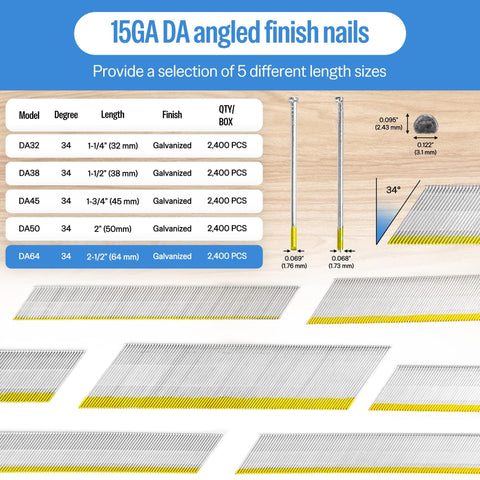 15 Gauge Finish Nails Two And One Half Inch 34 Degree Angled Galvanized No Rust For Pneumatic Electric Finish Nailer DA Series