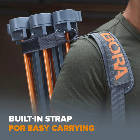 Centipede CT9 36 Inch Tall Quick Setup Portable Folding Workbench With Carry Strap on shoulder, collapsible and easy to carry.