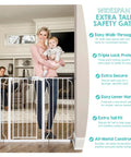 Woman holding baby stands by Extra Tall 36 Inch By 49 Inch Baby Gate Walk Through Pressure Mounted For Doorways And Bottom Of Stairs