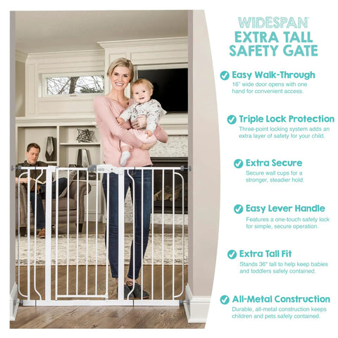 Woman holding baby stands by Extra Tall 36 Inch By 49 Inch Baby Gate Walk Through Pressure Mounted For Doorways And Bottom Of Stairs