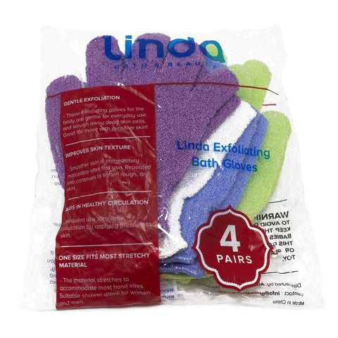 Exfoliating Bath Gloves Pack Of 4 For Smooth Soft Skin and Gentle Daily Scrub in assorted colors in clear packaging