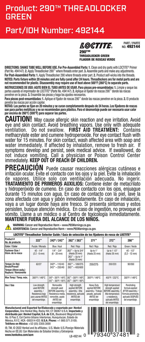 Label of Loctite green penetrating thread locker showing safety information and product details.