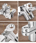 Close-up of Hidden Door Hinge Set Six Pack Cross 180 Degree Concealed Stainless Steel Hinges on wooden surface