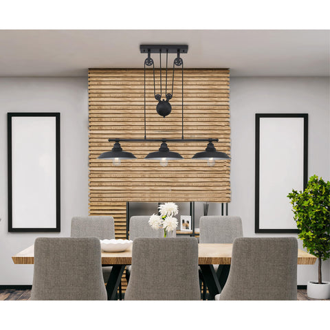 Iron Hill Vintage Style Three Light Indoor Pulley Pendant In Matte Black Finish With Silver Shade Interiors above dining table