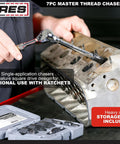 ARES 7-piece master thread chaser set in storage case; carbon steel automotive thread repair tools installed.