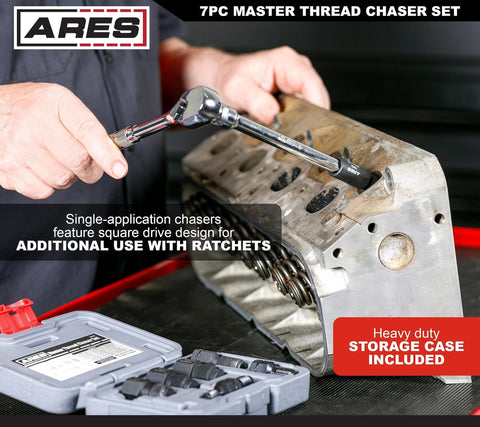 ARES 7-piece master thread chaser set in storage case; carbon steel automotive thread repair tools installed.