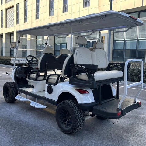 Smooth 48V Lithium Golf Cart Sightseeing Patrol Rig With Solid Double Wishbone Suspension 4Kw Motor 10 Inch Touchscreen Sound System And Premium Headrest Seats For Great Park Cruising, showing rear seating and dashboard.