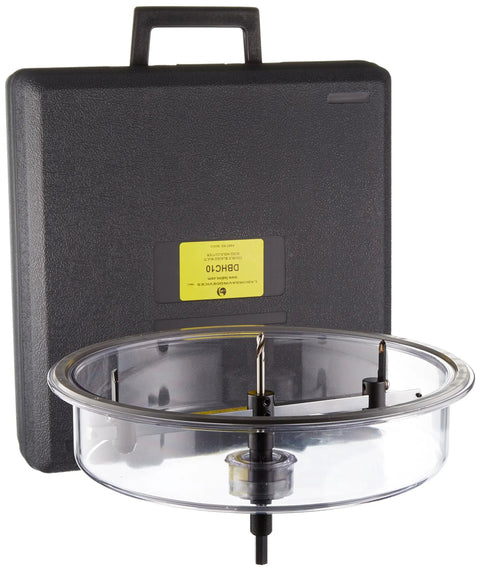 Dual Bladed Hole Cutter with case, ideal for cutting two and one quarter inch holes, features adjustable dual blades and protective cover.