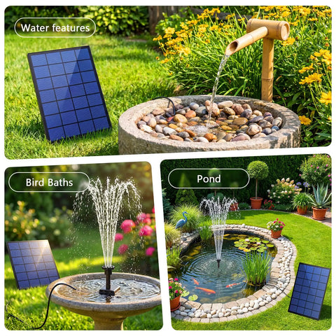 Separate Solar Panel Solar Fountain Pump Kit With 2.5W Panel 6 Nozzles 10Ft Cable in garden bird bath and pond setup