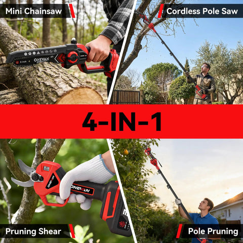 Heavy Duty 4 In 1 Cordless Pole Saw And 8 Inch Electric Chainsaw With Badass Pruning Shears Plus Two Long Lasting Batteries For Tough Outdoor Gardening Tasks used for tree pruning and cutting tasks.