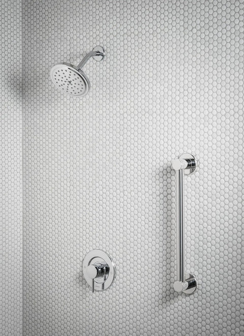 18 Inch Stainless Steel Bathroom Grab Bar Chrome Finish For Safety And Support Beefy Grip Modern Shower Bar For Seniors And Caregivers Supports Up To 500 Lbs When Stud Mounted shown in shower installation