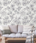 Black And White Vintage Floral Wallpaper Peel And Stick Roll 17.7 Inch Wide By 236 Inch Long For Walls Cabinets Bedroom Living Room Matte Vinyl Self Adhesive Peony Flower Decor behind sofa