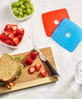 Lunch setting with sandwich, fruits, and two colorful 5x4.75x0.5in ice packs, from 4 Pack Slim Ice Packs for Lunch Boxes and Coolers.