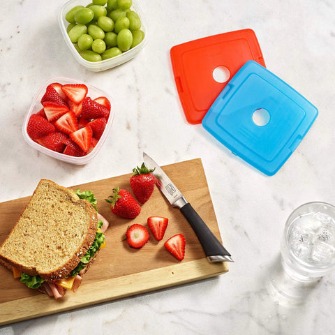 Lunch setting with sandwich, fruits, and two colorful 5x4.75x0.5in ice packs, from 4 Pack Slim Ice Packs for Lunch Boxes and Coolers.