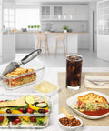 Large 63 Oz Glass Storage Set With Locking Lids, 8 Cup Containers, holding lasagna and salad on kitchen counter.