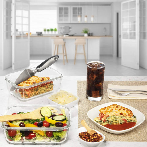 Large 63 Oz Glass Storage Set With Locking Lids, 8 Cup Containers, holding lasagna and salad on kitchen counter.