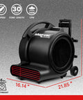 1800 CFM Floor Fan Air Mover with 3 speed settings and stackable design, shown in black, featuring dimensions and specs for home and commercial use.