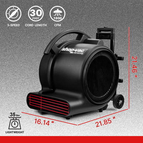 1800 CFM Floor Fan Air Mover with 3 speed settings and stackable design, shown in black, featuring dimensions and specs for home and commercial use.