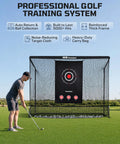 Man using a Backyard Golf Hitting Net For Indoor Outdoor Practice 10x8ft With Heavy Duty Netting, Side Barriers, Real Ball Driving