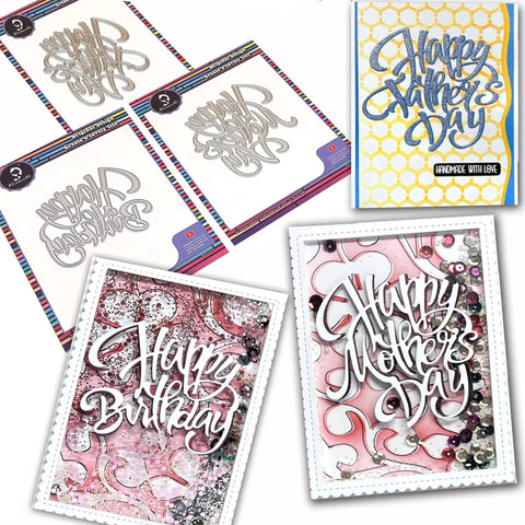 3 Piece Metal Die Cut Set For Card Making And Paper Crafts, Premium Steel Punch Templates displayed with decorated cards