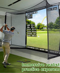Golfer using 10x8ft Golf Practice Net With Impact Screen And Mat, Heavy Duty Steel Frame Hitting Net For Indoor Golf Simulator Training