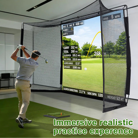 Golfer using 10x8ft Golf Practice Net With Impact Screen And Mat, Heavy Duty Steel Frame Hitting Net For Indoor Golf Simulator Training