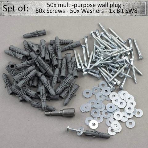 Heavy Duty Nylon Wall Anchor Kit With Collar Dowels 8x40mm, Bottom Screws 5x40mm, M5 Washers, Hex Socket, 50 pieces total