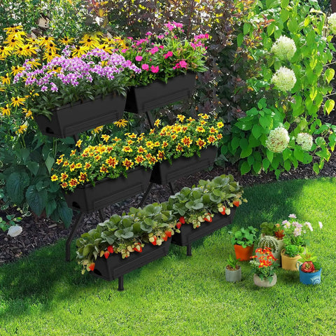 Vertical Raised Garden Bed With Six Planter Boxes, Freestanding Metal Frame, Elevate Your Herb Garden With Water Drainage, Patio Ready, Black