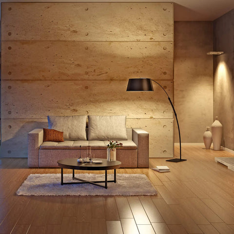 Living room with cozy lighting from 8W LED A19 Clear Filament Style Light Bulbs 3000K Soft White, Medium Base, warm urban interior.
