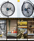 High Velocity 20 Inch Industrial Wall Fan With 4750 CFM, 3 Speed Settings, 6 Ft Power Cord, UL Listed For Workshops, Garages And Warehouses, Industrial And Residential Use, Black, shown mounted in industrial spaces